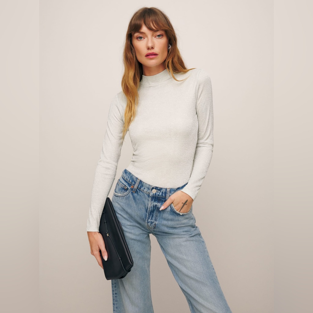 Reformation Bailey Knit Top In Silver Sparkle - Size Small Bnwt